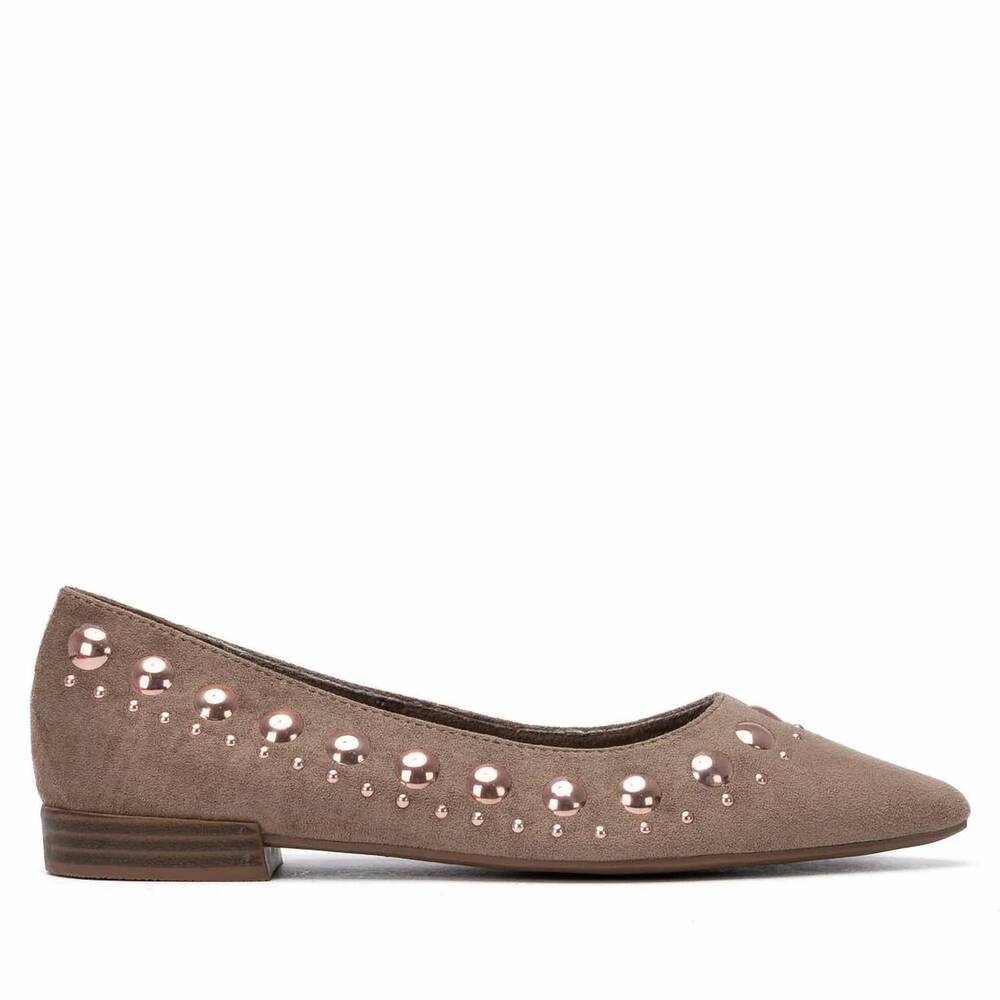 NEW XTI women's studded suede ballet flats in taupe